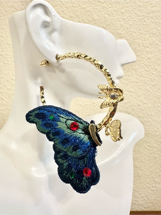 Jewelry - Gold Plated Butterfly Hoop Earrings with Blue-Green Embroidered Wings